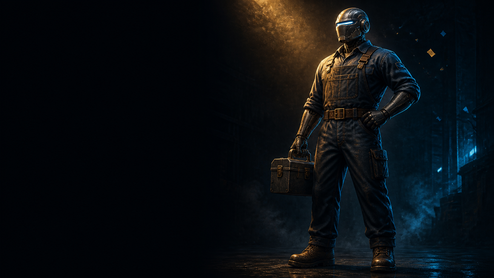 A full-height robotic worker in overalls holding a toolbox, lit in Labor Day gold and electric cyan