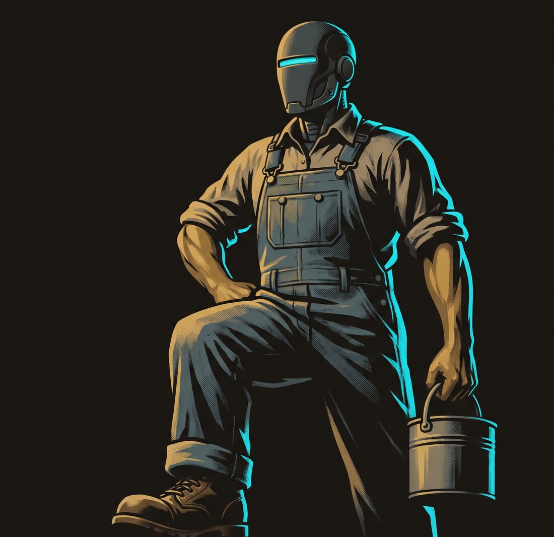 Heroic American laborer in overalls with a matte charcoal robot head and cyan visor